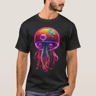 Ocean animal Jellyfish Black colour Cotton half sl T-Shirt