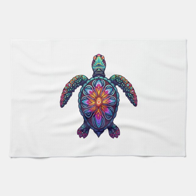 Ocean Animal Tie Dye Tribal Sea Animal Maori Turtl Tea Towel (Horizontal)