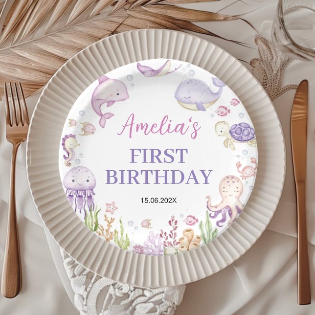 Ocean Animals Girl Under the Sea Kids Birthday Paper Plate (Creator Uploaded)