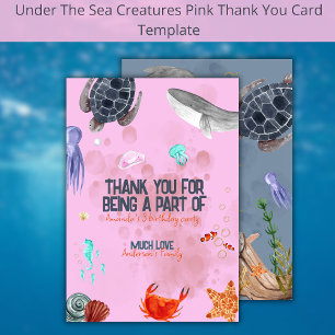 Ocean Animals Kids Party Pink Thank You Card