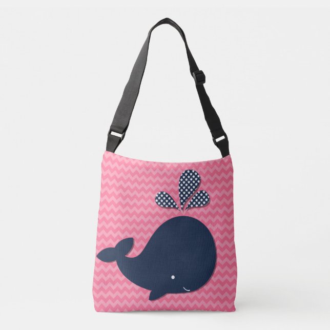 Ocean Animals Navy Whale on Pink Chevron Tote Bag (Front)