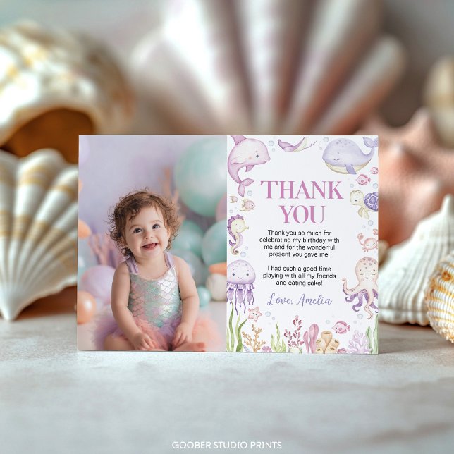 Ocean Animals Pink Under the Sea Birthday Photo Thank You Card (Creator Uploaded)