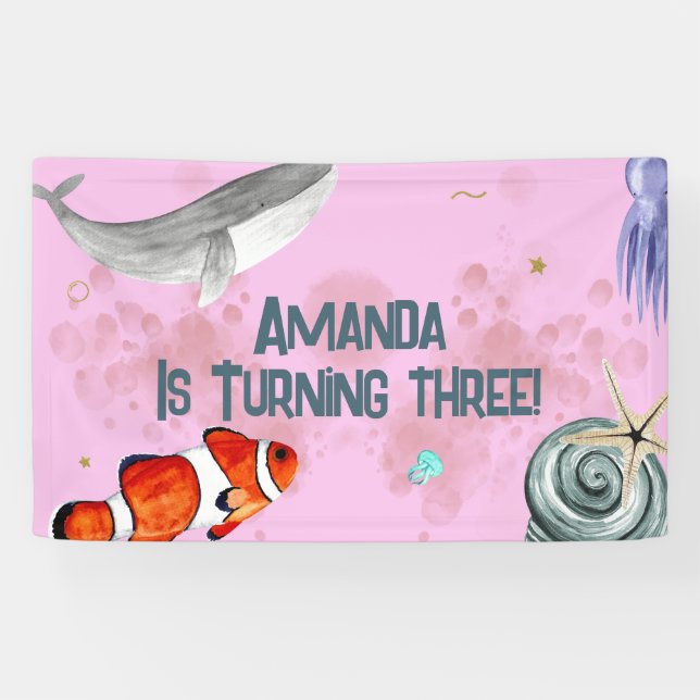 Ocean Animals Whale Wild Life Party Pink Banner (Horizontal)