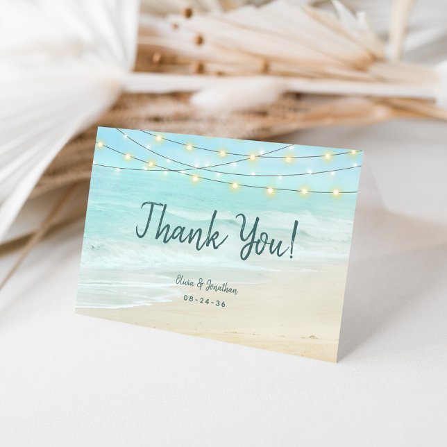 Ocean Aqua Blue Beach String Lights Wedding  Thank You Card (Creator Uploaded)