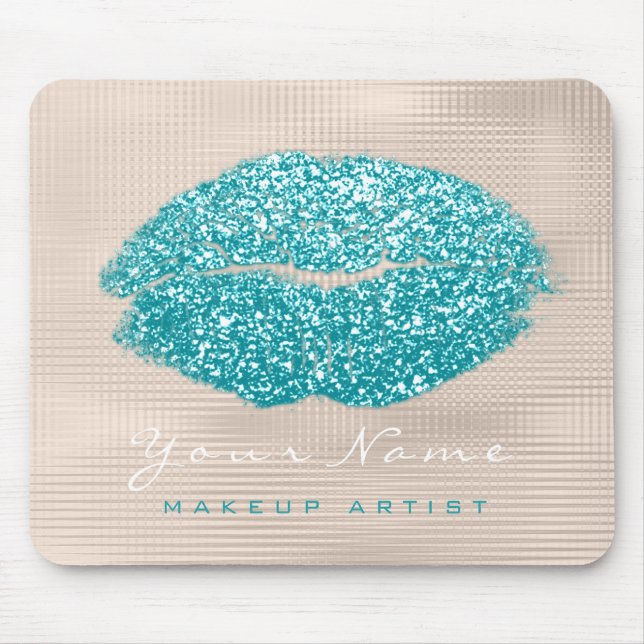 Ocean Aqua Ivory Glitter Name Makeup Lips Kiss Mouse Mat (Front)