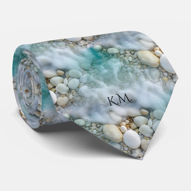 Ocean Aqua Maritime Elegant Monogram Tie (Rolled)