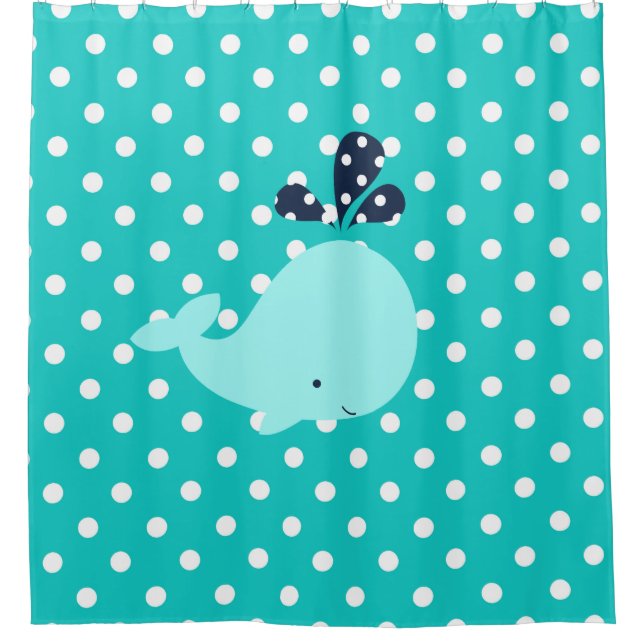 Ocean Aqua Whale on Turquoise Polka Dots Shower Curtain (Front)
