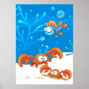Ocean Aquatic  Cute Crab Funny Fish Poster