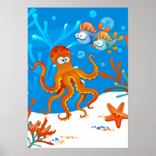 Ocean Aquatic Cute Octopus Starfish Kids Room Poster