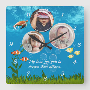 Ocean aquatic wildlife personalised three photo square wall clock