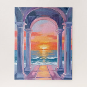 Ocean Archway Sunset Watercolor Coastal Painting Jigsaw Puzzle