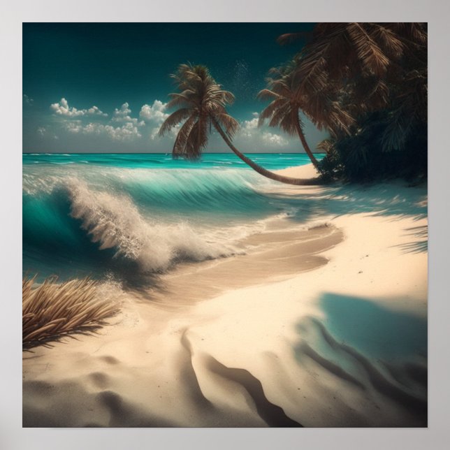 Ocean Art | Beach Waves and Palm Trees Tropical Poster (Front)
