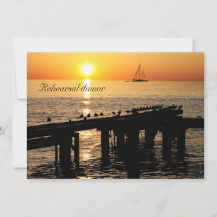 ocean at sunset with seagulls rehearsal dinner invitation