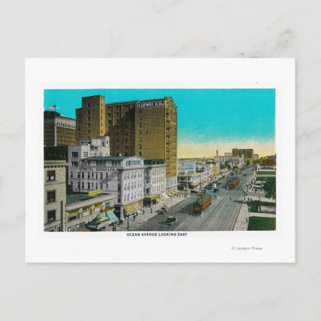 Ocean Avenue Looking East, Long Beach Postcard (Front)