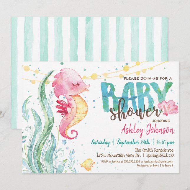 Ocean Baby Shower, Girl Pink Seahorse invitation (Front/Back)
