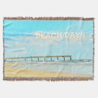 Ocean Beach and Fishing Pier Watercolor Throw Blanket