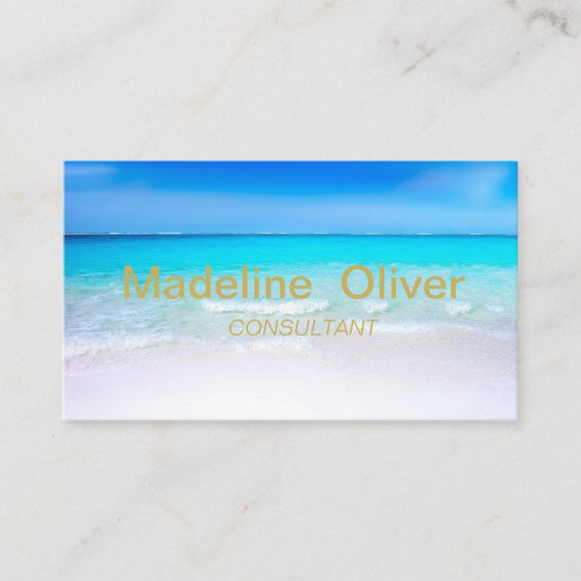 Ocean Beach Aqua Blue Sea Travel  Modern Gold Business Card (Front)