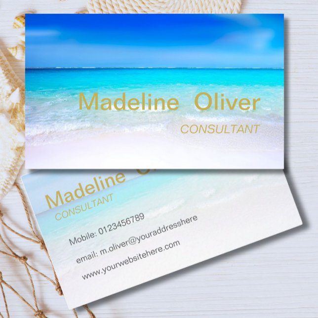 Ocean Beach Aqua Blue Sea Travel  Modern Gold Business Card (Creator Uploaded)