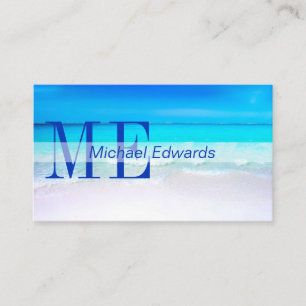 Ocean Beach Aqua Blue Sea Travel  Modern Monogram Business Card