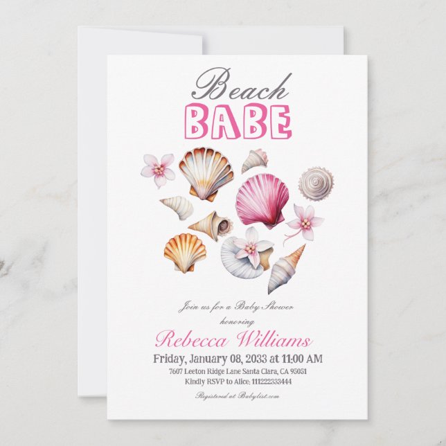 Ocean Beach Babe Pink Seashell Girl Baby Shower Invitation (Front)