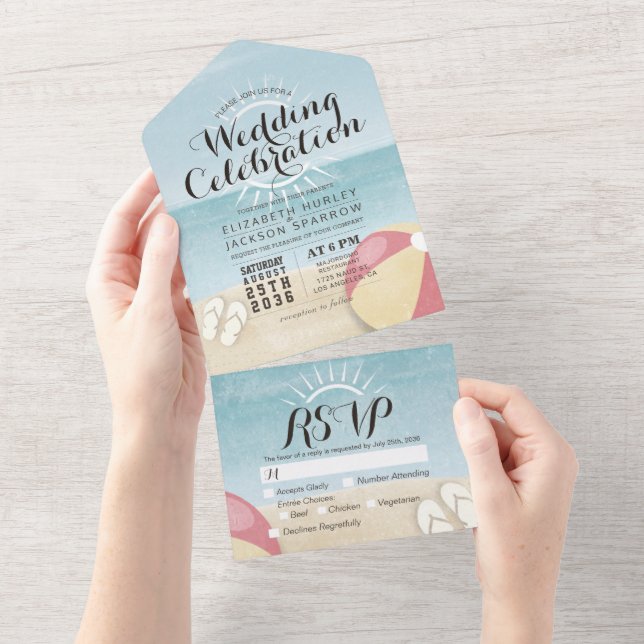 Ocean Beach Balls Slippers Sun Summer Wedding RSVP All In One Invitation (Tearaway)
