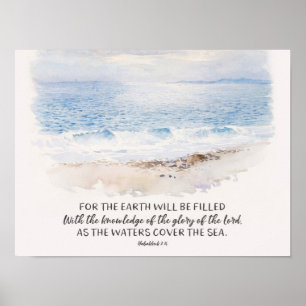 Ocean Beach Bible Verse, Habakkuk 2:14 Watercolor Poster