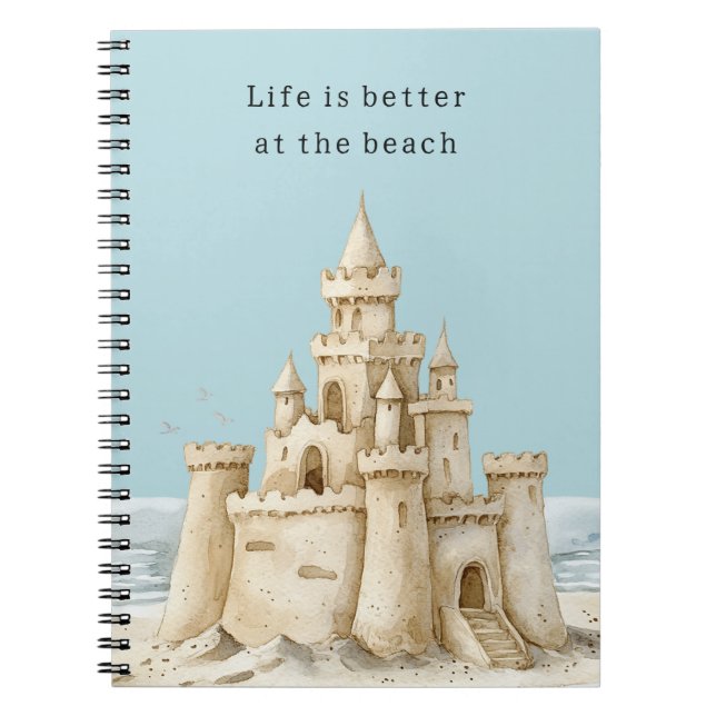 Ocean Beach Birds Blue Sky Cream Sand Castle Notebook (Front)