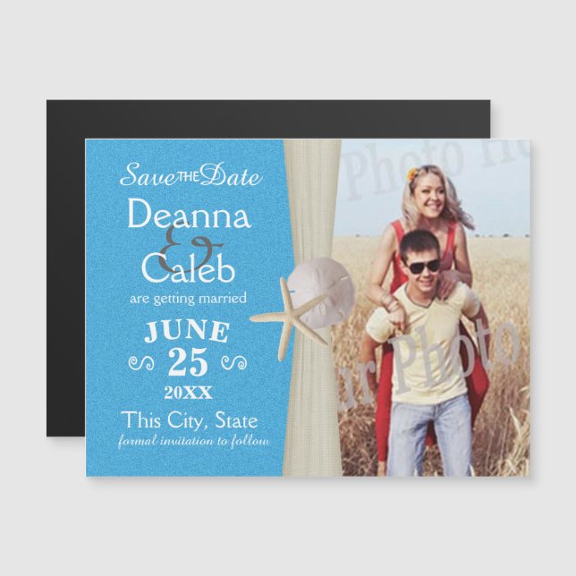 Ocean Beach Blue Photo Save the Date Magnetic Invitation (Front/Back)