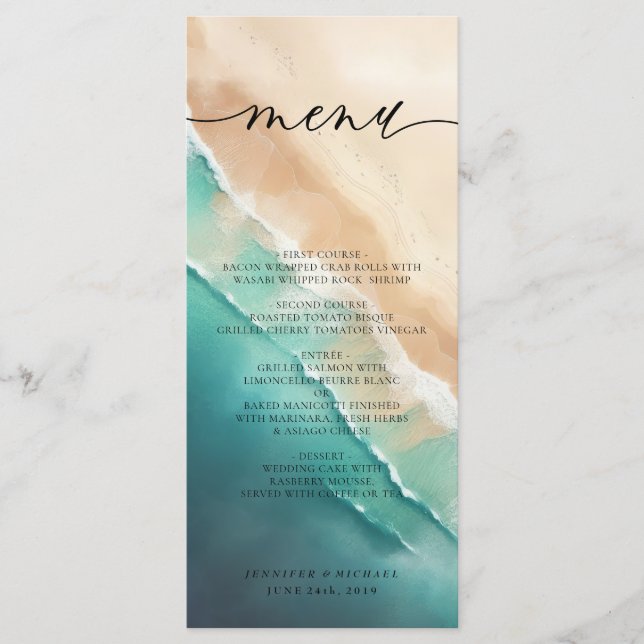 Ocean Beach Blue Watercolor Elegant Calligraphy Menu (Front)
