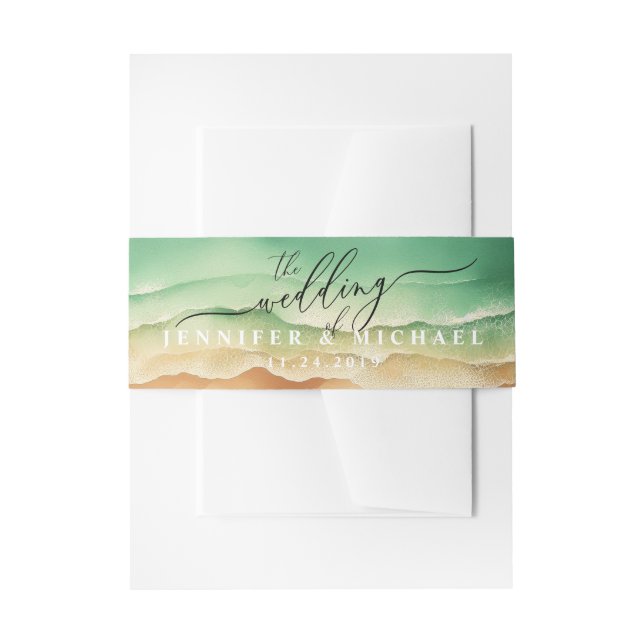 Ocean Beach Blue Watercolor Elegant Scripts Invitation Belly Band (Front Example)