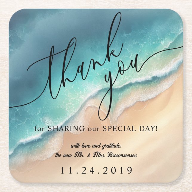 Ocean Beach Blue Watercolor Summer Party Square Paper Coaster (Front)