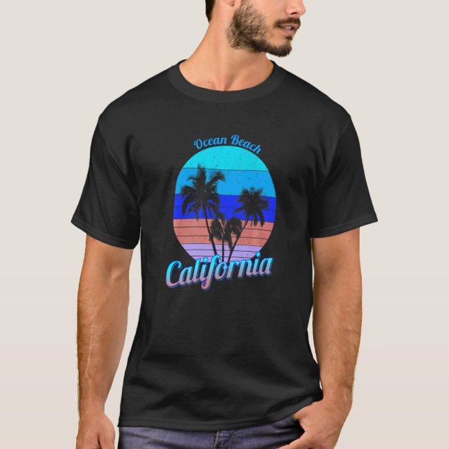 Ocean Beach California Retro Palm Trees Beach Summ T-Shirt (Front)