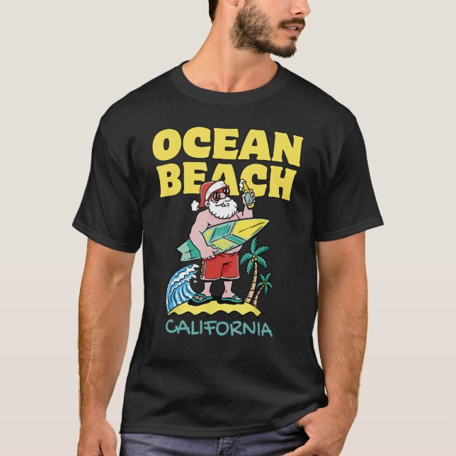 OCEAN BEACH CALIFORNIA Santa Christmas Surfing T-Shirt (Front)