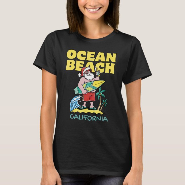 OCEAN BEACH CALIFORNIA Santa Christmas Surfing T-Shirt (Front)