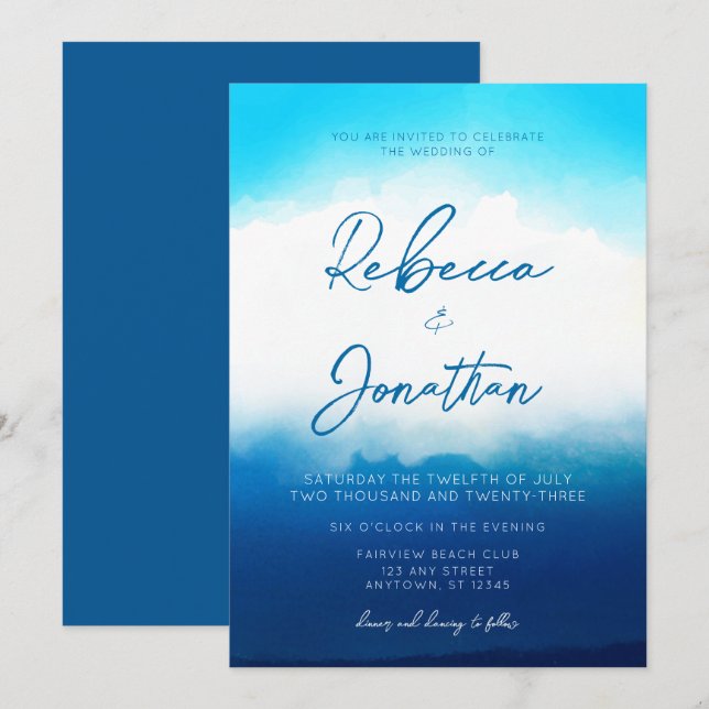 Ocean Beach Coastal Blue Watercolor Wedding Invitation (Front/Back)