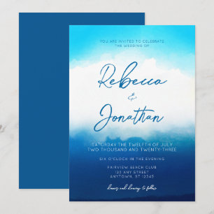 Ocean Beach Coastal Blue Watercolor Wedding Invitation