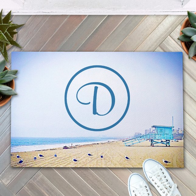 Ocean beach coastal photo bold modern monogram doormat (Creator Uploaded)