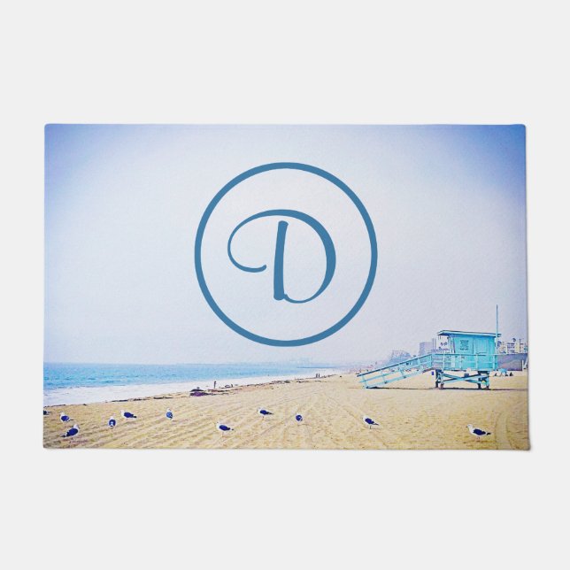 Ocean beach coastal photo bold modern monogram doormat (Front)