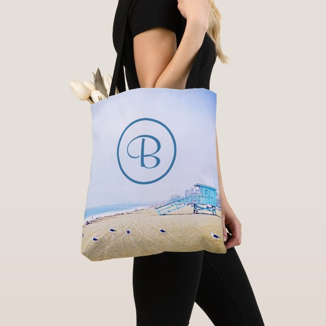 Ocean beach coastal photo bold modern monogram tote bag (Close Up)