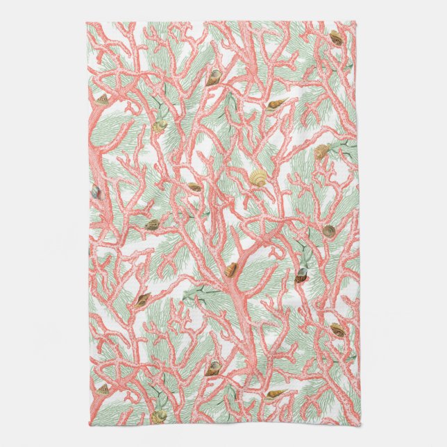 Ocean Beach Coral and Seashells Design Tea Towel (Vertical)