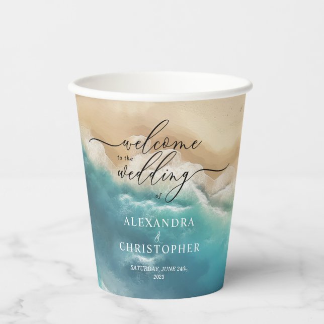Ocean Beach Cute Signature Boho Newly Weds Party Paper Cups (Front)