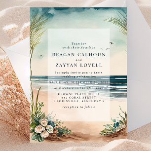 Ocean Beach Grass And Roses Wedding Invitation