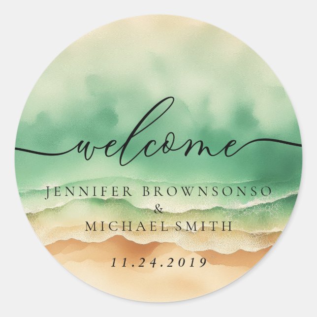 Ocean Beach Green Signature Boho Welcome Wedding Classic Round Sticker (Front)