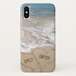 Ocean beach hearts in sand with names iPhone x case
