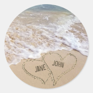 Ocean beach hearts with custom names classic round sticker