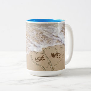 Ocean Beach Hearts with names Two-Tone Coffee Mug