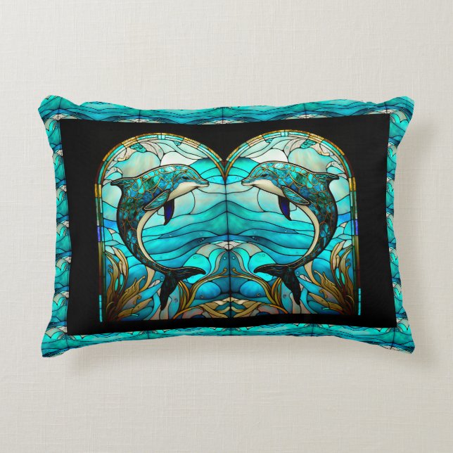 Ocean Beach House Blue Dolphin Faux Stained Glass  Decorative Cushion (Front)
