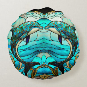 Ocean Beach House Blue Dolphin Faux Stained Glass  Round Cushion