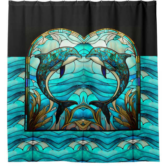 Ocean Beach House Blue Dolphin Faux Stained Glass Shower Curtain (Front)