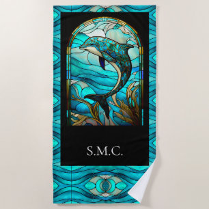 Ocean Beach House Blue Dolphin Faux Stained Glass Towel